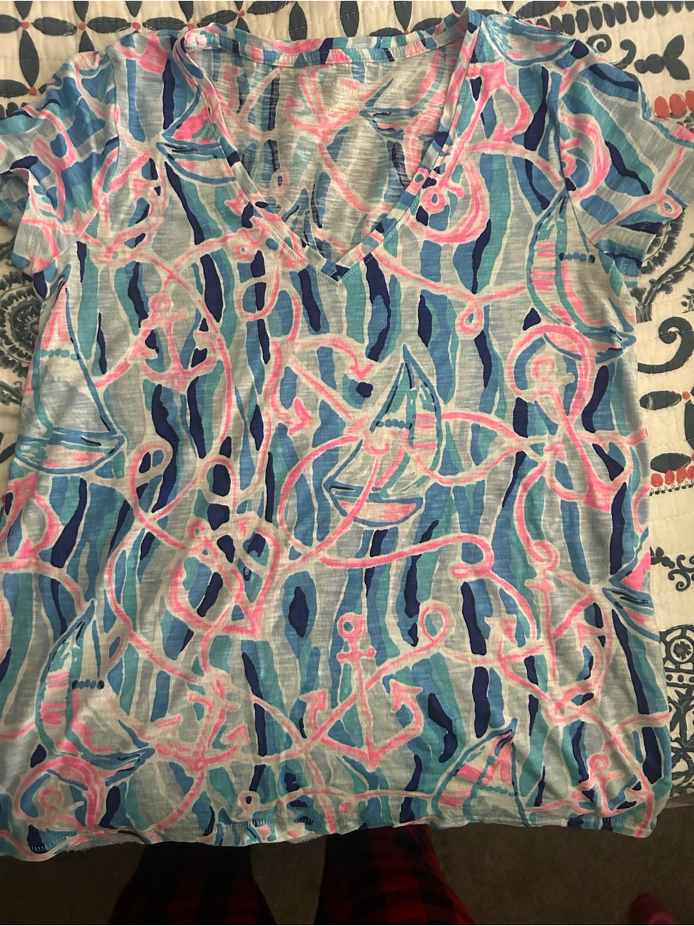 Lilly Pulitzer Short Sleeve V-Neck Tee in Blue & Pink